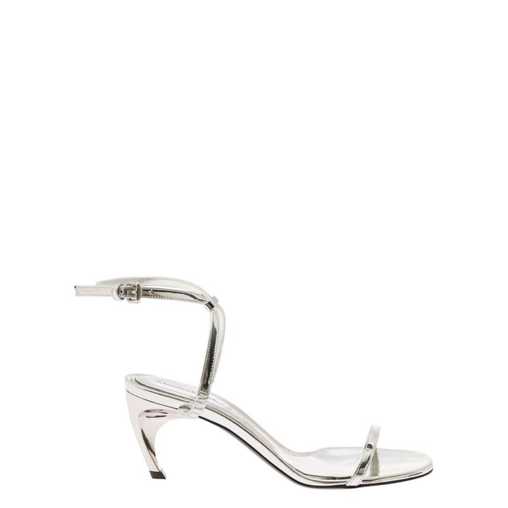 Alexander Mcqueen Silver Sandals With Armadillo Heel In Metallic Leather Woman